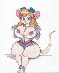 anthro areola blue_eyes breasts chip_&#039;n_dale_rescue_rangers clothing crop_top disney eyelashes eyewear eyewear_on_head female fur gadget_hackwrench goggles goggles_on_head hair hi_res jumpsuit looking_at_viewer mammal mouse murid murine navel nipple_slip nipples orange_hair pink_areola pink_nipples presenting presenting_breasts rodent shirt simple_background solo tan_body tan_fur thick_thighs topwear traditional_media_(artwork) vampiricpig white_background white_crop_top wide_hips 