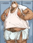  2022 absurd_res anthro belly big_belly blush bodily_fluids brown_body bulge hi_res kemono kotobuki locker_room male mammal moobs nipples obese obese_male overweight overweight_male solo sweat towel ursid 