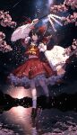  1girl 6080a9 arm_up ascot black_hair bow brown_footwear cherry_blossoms closed_mouth collarbone detached_sleeves falling_star frilled_bow frilled_hair_tubes frilled_shirt_collar frills full_body gohei hair_between_eyes hair_bow hair_tubes hakurei_reimu highres holding holding_stick medium_hair milky_way mountainous_horizon navel night night_sky red_bow red_ribbon red_shirt red_skirt reflection reflective_water ribbon ribbon-trimmed_sleeves ribbon_trim shirt shoes skirt sky sleeveless sleeveless_shirt socks solo star_(sky) starry_sky stick touhou twitter_username white_legwear yellow_ascot 