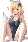  1girl absurdres animal_ears blonde_hair blue_eyes blush breasts cameltoe cleavage cleft_of_venus commission fox fox_ears fox_girl fox_tail grin hair_ornament heart highres large_breasts naughty_face original sitting smile spread_legs swimsuit t373412 tail thighs 