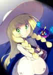  1girl bag bangs bare_shoulders blonde_hair braid cosmog dress duffel_bag green_eyes hat highres holding holding_bag lillie_(pokemon) long_hair poke_ball_theme pokemon pokemon_(creature) pokemon_(game) pokemon_sm rindoriko sleeveless sleeveless_dress sun_hat sundress twin_braids white_dress white_headwear 