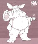  2022 anthro belly big_belly bulge clothed clothing eyes_closed hi_res humanoid_hands lagomorph leporid male mammal moobs mug navel nipples open_clothing open_robe overweight overweight_male rabbit robe skaifox solo tired underwear 