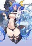  :o bangs bare_shoulders black_legwear blue_hair breasts cleavage collarbone dizzy_(guilty_gear) guilty_gear guilty_gear_xrd hair_between_eyes hair_ornament hands_up highres large_breasts long_hair long_sleeves looking_at_another looking_at_viewer navel necro_(guilty_gear) open_mouth red_eyes swd3e2 thighhighs thighs undine_(guilty_gear) 