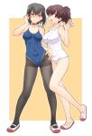  2girls adjusting_eyewear bangs bare_legs black_choker black_eyes black_hair black_legwear blue_swimsuit blush bow_choker breasts brown_eyes brown_hair choker closed_mouth collarbone commentary_request competition_school_swimsuit covered_navel frown full_body girls_und_panzer hand_in_own_hair hand_on_another&#039;s_shoulder hand_on_hip kawashima_momo koyama_yuzu legs looking_at_viewer medium_breasts monocle multiple_girls no_socks old_school_swimsuit one-piece_swimsuit open_mouth outside_border pantyhose pantyhose_under_swimsuit revision school_swimsuit semi-rimless_eyewear shoes short_hair short_ponytail smile standing standing_on_one_leg swimsuit thighband_pantyhose thighs under-rim_eyewear uona_telepin uwabaki waving white_footwear white_swimsuit yellow_background 