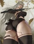  1girl android ass bare_shoulders black_gloves black_legwear blue_eyes blurry blurry_background breasts elbow_gloves from_behind gloves hair_between_eyes holding holding_sword holding_weapon joints large_breasts leaf long_hair looking_back mole mole_under_mouth nier_(series) nier_automata parted_lips robot_joints solo sword tank_top teemu_taiga thighhighs thighs weapon white_hair yorha_type_a_no._2 