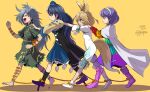  4girls animal_ears barefoot blonde_hair blue_eyes blue_hair bow fox_ears fox_girl fox_tail grey_hair himemushi_momoyo iizunamaru_megumu kudamaki_tsukasa long_hair messy_hair multicolored_clothes multicolored_hairband multiple_girls orange_bow patchwork_clothes rainbow_gradient shope short_hair tail tenkyuu_chimata touhou 