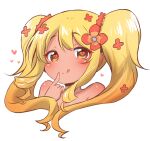  1girl :q bangs blonde_hair blush brown_eyes closed_mouth collarbone commentary_request cropped_torso flower hair_flower hair_ornament hand_up heart heart-shaped_pupils long_hair muu_rian original red_flower simple_background smile solo symbol-shaped_pupils tongue tongue_out twintails upper_body white_background 