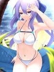  1girl absurdres breasts firen_inferno highres hololive hololive_indonesia large_breasts leaf long_hair looking_at_viewer moona_hoshinova ocean palm_tree ponytail purple_eyes purple_hair ribbon sand sitting smile swimsuit thighhighs tree virtual_youtuber 