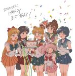  2022 6+girls birthday_cake bishoujo_senshi_sailor_moon blonde_hair blue_bow blue_hair blue_skirt bow brown_hair cake chibi_usa choker closed_eyes food green_choker green_skirt happy_birthday highres kitakugoneru magical_girl multiple_girls open_mouth orange_choker orange_hair pink_bow pink_skirt red_bow red_choker red_skirt sailor_jupiter sailor_mars sailor_mercury sailor_moon sailor_venus short_hair simple_background skirt tsukino_usagi white_background 