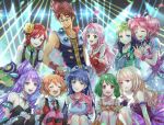  1boy 6+girls akira_ituki black_necktie blonde_hair blue_eyes blue_hair breasts brown_hair choujikuu_yousai_macross cleavage dress everyone flower freyja_wion gloves green_hair hair_flower hair_ornament hair_ribbon heart heart_hair_ornament kaname_buccaneer lynn_minmay macross macross:_do_you_remember_love? macross_7 macross_delta macross_frontier makina_nakajima medium_breasts mikumo_guynemer multicolored_hair multiple_girls mylene_jenius necktie nekki_basara open_mouth orange_hair parted_lips pink_gloves pink_hair pink_ribbon purple_eyes purple_hair ranka_lee red_eyes reina_prowler ribbon sheryl_nome smile streaked_hair twintails uta_macross_sumaho_deculture v walkure_(macross_delta) white_dress yellow_flower 