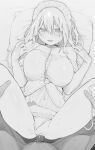  1boy 1girl absurdres bangs blush breasts bridal_gauntlets censored clothing_aside dress greyscale hakumei_kosen hetero highres large_breasts long_hair lying maid_headdress missionary monochrome navel on_back open_mouth original panties panties_aside pillow pov pov_crotch pussy sex smile solo_focus spread_legs sweat underwear vaginal 