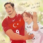  2boys ahoge arm_around_shoulder axis_powers_hetalia blurry blurry_background brown_hair closed_eyes euro_2020 facial_hair highres male_focus mask mask_removed multiple_boys muscular muscular_male nike northern_italy_(hetalia) open_mouth short_hair smile soccer_uniform sportswear thick_eyebrows turkey_(hetalia) yokkorashoichi 