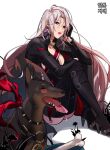  1girl black_dress black_footwear black_gloves bone bowl cleavage_cutout clothing_cutout dog dress dungeon_and_fighter expressionless gloves kasy long_hair long_sleeves pet_bowl sitting solo spectre_(dungeon_and_fighter) tongue tongue_out white_background 