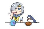  1girl blue_eyes brushing_teeth cleaning_brush commentary_request cup grey_hair grey_sailor_collar hair_ornament hair_over_one_eye hairclip hama!_(3toshinhmkz) hamakaze_(kancolle) holding holding_toothbrush kantai_collection mug neckerchief no_nose sailor_collar school_uniform serafuku short_hair simple_background solo stuffed_animal stuffed_shark stuffed_toy toothbrush upper_body white_background yellow_neckerchief 