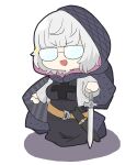  1girl :d bangs black_cloak black_dress blunt_bangs breasts chibi cloak commentary_request dress fate/grand_order fate_(series) glasses glint grey_hair grey_jacket hand_on_hilt hood hood_up hooded_cloak jacket jacques_de_molay_(foreigner)_(fate) long_sleeves looking_at_viewer medium_breasts nyaru_(nyaru_4126) opaque_glasses open_clothes open_jacket shadow simple_background smile solo sword v-shaped_eyebrows weapon white_background 