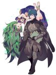  1boy 1girl anklet armor bangs bare_shoulders barefoot black_armor black_cape black_footwear black_gloves black_pants blue_dress blue_hair boots braid byleth_(fire_emblem) byleth_(fire_emblem)_(male) byuub cape clothing_cutout commentary_request crossed_arms cup dagger dress fire_emblem fire_emblem:_three_houses floating full_body gauntlets gloves green_eyes green_hair hair_between_eyes hair_ornament highres holding holding_cup jewelry knife long_hair looking_at_another mug open_mouth pants pointy_ears purple_eyes sheath sheathed short_hair simple_background sothis_(fire_emblem) sweatdrop teeth upper_teeth upside-down very_long_hair weapon white_background 