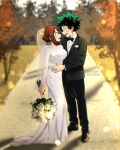  1boy 1girl absurdres blush boku_no_hero_academia bouquet bow bowtie braid breasts bridal_veil brown_eyes brown_hair choker cleavage collarbone couple dress effasempai flower formal freckles garden green_eyes green_hair hair_ornament hand_on_another&#039;s_waist hand_on_hip hetero highres hug jewelry large_breasts lens_flare looking_at_another messy_hair midoriya_izuku photography ring short_hair suit sunlight twitter_username uraraka_ochako veil wedding wedding_band wedding_dress wedding_ring white_dress 