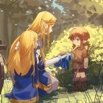  1boy 2girls blonde_hair blue_eyes boots brown_hair dress earrings eye_contact female_child forest jewelry kneeling link long_hair looking_at_another male_child mother_and_daughter multiple_girls nature pointy_ears princess_zelda standing the_legend_of_zelda tunic werlosk younger 