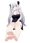  1girl bare_arms bare_legs bare_shoulders barefoot bikini breasts feet full_body grey_hair hair_ribbon highres large_breasts long_hair looking_at_viewer one-piece_swimsuit original red_eyes ribbon saki_chisuzu soles swimsuit twintails 