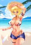  1girl absurdres akaringh animal_print arm_up armband armpits beach bikini bikini_under_clothes blonde_hair blue_eyes bracelet breasts choker cow_print cowboy_shot cross cross_choker day denim denim_shorts facial_mark fate/grand_order fate_(series) halterneck hat highres jeanne_d&#039;arc_(fate) jewelry large_breasts lens_flare looking_at_viewer mountainous_horizon navel ocean outdoors palm_tree print_bikini shiny shiny_skin short_hair shorts solo straw_hat swimsuit thigh_strap tree wet 