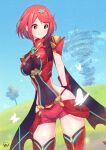  1girl bangs black_gloves breasts bug butterfly chest_jewel day earrings fingerless_gloves gem gloves headpiece jewelry kusasugimath large_breasts pyra_(xenoblade) red_eyes red_hair red_legwear red_shorts short_hair short_shorts shorts sky solo swept_bangs thighhighs tiara tree xenoblade_chronicles_(series) xenoblade_chronicles_2 