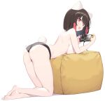  1girl absurdres animal_ears ass bangs bare_legs barefoot black_hair black_panties blush breasts cloba feet handheld_game_console highres holding holding_handheld_game_console large_breasts looking_at_viewer monster_hunter_(series) monster_hunter_rise nintendo_switch open_mouth original panties pillow pink_eyes player_2_(cloba) playing_games red_eyes short_hair sideboob simple_background smile soles solo tail topless underwear white_background 