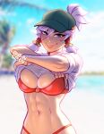  1girl abs artist_name baseball_cap beach bikini blurry blurry_background blushyspicy commentary day english_commentary freckles hair_between_eyes hat highres kaye_(blushypixy) looking_at_viewer navel original outdoors ponytail scar scar_on_cheek scar_on_face shirt smile solo swimsuit toned tongue tongue_out watermark wet wet_clothes wet_shirt 