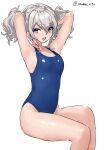  armpits bangs blue_swimsuit blush breasts cleavage collarbone hair_between_eyes highres kantai_collection kashima_(kancolle) looking_at_viewer medium_breasts one-piece_swimsuit open_mouth simple_background sitting swimsuit twintails twitter_username white_background yamano_rita 