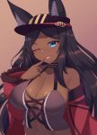  1girl absurdres animal_ears black_hair blue_eyes breasts cleavage dark-skinned_female dark_skin fang fate/grand_order fate_(series) finger_to_mouth highres jifuwabe large_breasts navel one_eye_closed parted_lips queen_of_sheba_(fate) smile solo upper_body 