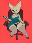  aggressive_retsuko anthro big_breasts breasts canid canine cellphone chair cleavage clothed clothing digital_media_(artwork) female fennec fenneko fingers footwear fox fur furniture hand_on_leg hi_res holding_cellphone holding_object holding_phone holding_smartphone legwear looking_at_viewer mammal office_chair one_eye_closed open_mouth panties phone red_background sanrio shoes simple_background sitting smartphone smile smiling_at_viewer solo stockings thick_thighs topwear underwear wink wolftang 
