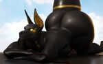  anthro anubian_jackal anubis big_butt black_body butt canid canine canis crossed_arms deity egyptian_mythology huge_butt humanoid jackal male mammal middle_eastern_mythology moreuselesssource mythology solo solo_focus yellow_eyes 