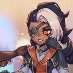  1girl bangs black_gloves black_hair black_jacket brown_gloves collared_shirt eyepatch fingerless_gloves gloves gradient gradient_background grey_hair grey_shirt hand_on_another&#039;s_shoulder hand_up high_noon_samira jacket league_of_legends long_hair looking_at_another mole mole_above_mouth orange_eyes orange_jacket parted_lips phantom_ix_row samira shiny shiny_hair shirt solo_focus teeth upper_body 