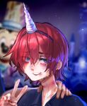  1boy bangs black_shirt blood blue_eyes blurry blurry_background bruise castle earrings fake_horns gender_request hair_between_eyes highres horns injury jewelry mickey_mouse original parted_lips popopoka red_hair shiny shiny_hair shirt short_hair solo_focus tears unicorn v 