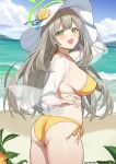  1girl arm_up ass_visible_through_thighs bangs beach bikini blue_archive blurry blurry_background blush breasts brown_hair cloud cowboy_shot day fanbox_username flower green_eyes halo hat hat_flower highres horizon icarus_(632247131) jacket large_breasts long_hair looking_at_viewer looking_back nonomi_(blue_archive) nonomi_(swimsuit)_(blue_archive) open_mouth outdoors sand see-through see-through_jacket side-tie_bikini sideboob sleeveless sleeveless_jacket smile solo sun_hat swimsuit water white_headwear yellow_bikini 
