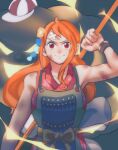  1girl armor bandaid bandaid_on_face bandaid_on_forehead bare_shoulders bracelet breasts bruise clima-tact electricity hair_ornament hat highres holding holding_weapon injury japanese_armor japanese_clothes jewelry kimono long_hair looking_at_viewer nami_(one_piece) one_piece orange_hair pandar_op red_eyes weapon zeus_(one_piece) 
