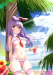  1girl absurdres ambasa animal_ears beach bikini breasts cloud cup day highres holding holding_cup large_breasts long_hair navel ocean outdoors palm_tree purple_hair rabbit_ears red_eyes reisen_udongein_inaba sky smile solo swimsuit touhou tree tropical very_long_hair water 