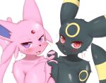  2022 anthro anthrofied big_breasts black_body black_fur blush breasts canid canine cute_fangs duo eeveelution entwined_fingers espeon female female/female forehead_gem fur hi_res horokusa0519 huge_breasts japanese_text kemono looking_at_viewer mammal nintendo nude open_mouth pink_body pink_fur pok&eacute;mon pok&eacute;mon_(species) pok&eacute;morph text tongue translated_description translation_request umbreon video_games 