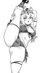  1girl animal_ears arms_up blush breasts cleavage highres houtengeki kneehighs leg_up medium_breasts monochrome navel open_mouth original solo split standing standing_on_one_leg standing_split thigh_strap thighs tiger_ears white_background 
