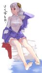  1girl absurdres barefoot breasts capcom_fighting_jam commentary_request gloves hairpods highres ingrid_(capcom) jacket jacket_partially_removed large_breasts legwear_removed long_hair purple_jacket red_eyes shirt solo tetsu_(kimuchi) translation_request wet wet_clothes wet_shirt white_gloves white_hair 
