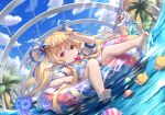  1girl barefoot bikini bird blonde_hair blue_bikini blue_flower blue_sky cloud day earrings feet flat_chest flower food food_in_mouth granblue_fantasy hair_flower hair_ornament hair_rings harvin innertube jewelry khell long_hair looking_at_viewer mahira_(granblue_fantasy) palm_tree pointy_ears polka_dot polka_dot_bikini popsicle red_eyes sky solo splashing sunlight swimsuit toes tree twintails very_long_hair wet 