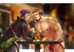  2boys abs arcanist_(gyee) arm_tattoo bara black_coat black_gloves blue_eyes blurry blurry_background blush border bulge cigarette cigarette_kiss coat commission facial_hair fingerless_gloves gloves gyee highres holding holding_cigarette jockstrap large_pectorals long_coat looking_at_another male_focus male_underwear miesicomic multiple_boys muscular muscular_male navel nipples orange_hair pectorals purple_hair rand red_male_underwear short_hair tattoo underwear white_border yaoi 