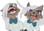  2022 anthro clothed clothing digital_media_(artwork) fangs female fur grey_body grey_fur grey_hair hair hair_over_eye hi_res hyaenid jk_(kemokin_mania) kemokin_mania looking_at_viewer mammal motion_blur one_eye_obstructed open_mouth photography_(artwork) purple_eyes simple_background smile solo spotted_hyena topwear 