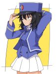  adjusting_clothes adjusting_headwear andou_(girls_und_panzer) bc_freedom_(emblem) bc_freedom_military_uniform black_hair blue_headwear blue_jacket blue_vest brown_eyes cowboy_shot dark-skinned_female dark_skin dress_shirt emblem from_side girls_und_panzer hachiko_(kota091986) hand_on_headwear hat high_collar highres jacket kepi long_sleeves looking_to_the_side medium_hair messy_hair military_hat pleated_skirt shirt skirt vest white_shirt white_skirt 