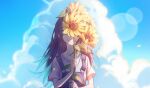  1girl ^_^ absurdres black_hair blue_sky blurry bokeh closed_eyes cloud collarbone contrail covering_one_eye cumulonimbus_cloud day depth_of_field flat_chest floating_hair flower flower_over_eye happy hibioes highres holding holding_flower hoshino_ichika_(project_sekai) leaf long_hair outdoors overalls petals project_sekai shade shirt short_sleeves sidelighting sky smile solo sunflower white_shirt yellow_flower 