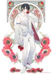  1boy anemone_(flower) arm_strap black_hair closed_mouth copyright dress_shirt eyes_visible_through_hair floral_background flower full_body hair_between_eyes hand_to_own_mouth highres holding holding_flower jacket looking_at_viewer male_focus michikake16 nijisanji off_shoulder official_art pants partially_unbuttoned red_eyes red_flower red_legwear shirt shoes short_hair sleeves_past_wrists solo standing tank_top undershirt virtual_youtuber white_background white_footwear white_jacket white_pants white_shirt white_tank_top yumeoi_kakeru 
