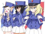  3girls =_= adjusting_clothes adjusting_headwear andou_(girls_und_panzer) bc_freedom_(emblem) bc_freedom_military_uniform black_hair blonde_hair blue_eyes blue_headwear blue_jacket blue_vest brown_eyes cowboy_shot dark-skinned_female dark_skin dress_shirt drill_hair emblem from_side girls_und_panzer hachiko_(kota091986) hair_between_eyes hand_on_headwear hat high_collar highres jacket kepi long_hair long_sleeves looking_to_the_side marie_(girls_und_panzer) medium_hair messy_hair military_hat multiple_girls oshida_(girls_und_panzer) pleated_skirt shirt skirt vest white_shirt white_skirt yawning 