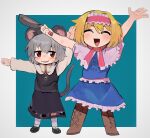  2girls ^_^ alice_margatroid anger_vein animal_ears bangs black_footwear blonde_hair blue_dress blush boots brown_footwear capelet closed_eyes cookie_(touhou) dress frilled_capelet frilled_dress frilled_hairband frilled_sash frills frying_pan full_body grey_hair grey_skirt grey_vest grin hairband highres holding holding_frying_pan ichigo_(cookie) layered_clothes long_sleeves looking_at_viewer mouse_ears mouse_girl mouse_tail multiple_girls nazrin nyon_(cookie) open_mouth pink_hairband pink_sash pink_scarf raichiyo red_eyes red_hairband sash scarf shirt shoes short_hair sitting skirt skirt_set smile socks tail touhou vest white_capelet white_legwear white_shirt 