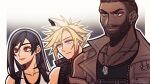  1girl 2boys artist_name bare_shoulders barret_wallace black_hair blonde_hair blue_eyes buster_sword cloud_strife collarbone dark-skinned_male dark_skin dog_tags earrings facial_hair final_fantasy final_fantasy_vii final_fantasy_vii_remake highres jewelry long_hair multiple_boys red_eyes scar scar_on_cheek scar_on_face seilidare short_hair sleeveless sleeveless_turtleneck spiked_hair suspenders tank_top turtleneck twitter_username upper_body vest weapon weapon_on_back white_tank_top 