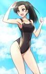  1girl :d alternate_costume alternate_hairstyle armpits asymmetrical_bangs bangs black_eyes black_hair black_swimsuit contrapposto feet_out_of_frame girls_und_panzer highres long_hair looking_to_the_side nishi_kinuyo omachi_(slabco) one-piece_swimsuit ponytail smile solo swimsuit 