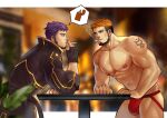  2boys abs arcanist_(gyee) arm_tattoo bara black_coat black_gloves blue_eyes blurry blurry_background border bulge cigarette coat commission facial_hair fingerless_gloves gloves gyee highres holding holding_cigarette jockstrap large_pectorals long_coat looking_at_another male_focus male_underwear miesicomic multiple_boys muscular muscular_male navel nipples orange_hair pectorals purple_hair rand red_male_underwear short_hair tattoo underwear white_border yaoi 